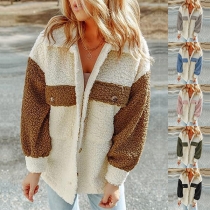 Street Fashion Contrast Color Stand Collar Long Sleeve Plush Jacket for Women