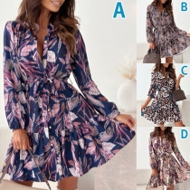 Fresh Style Floral Printed V-neck Long Sleeve Self-tie Mini Dress