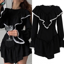 Elegant Contrast Color Ruffled Round Neck Long Sleeve Mini Dress