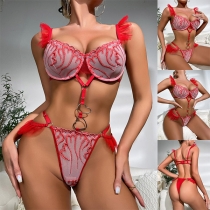 Sexy Semi-through Gauze Spliced Rhinestone Ruffled Heart Cutout Lingerie Bodysuit