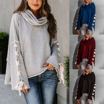 Street Fashion Draped Turtleneck Self-tie Long Sleeve Shirt