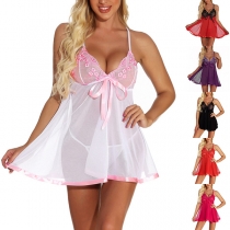 Sexy Semi-through Lace Spliced V-neck Slip Nightwear Dress