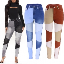 Fashion Contrast Block Color Block Skinny Denim Jeans