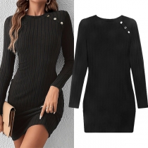 Modeknäppad långärmad ribbad Bodycon-klänning med rund hals (elastisk)