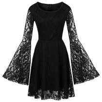 Elegant Solid Color Round Neck Trumpet Long Sleeve Lace Dress