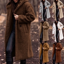 Fashion Solid Color Long Sleeve Hooded Plush Jacket for Women