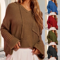 Fashion Solid Color Hollowout Spliced Long Sleeve Drawstring Hooded Knitted Sweater