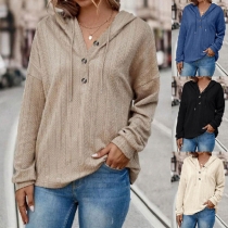 Casual Solid Color Buttoned V-neck Drawstring Hooded Long Sleeve Shirt