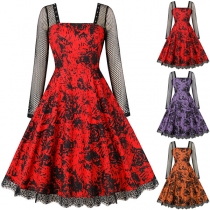 Gothic Style Lace Spliced Square Neck Long Sleeve Printed Dress for Halloween Cosplay Costume