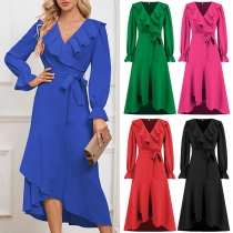 Elegant Solid Color Ruffled V-neck Long Sleeve Irregular Hemline Self-tie Midi Dress