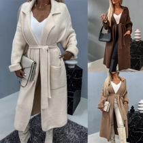 Fashion Comfy Solid Color Notch Lapel Long Sleeve Self-tie Ribbed Cardigan