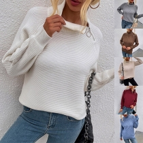 Casual Mock Neck Zipper Long Sleeve Ribbed Sweater