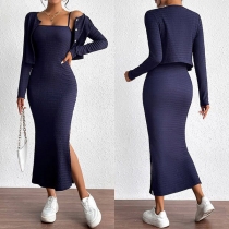 Elegant tvådelad stickad klänning med cardigan och Bodycon slitsklänning
