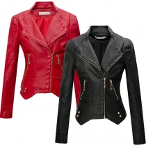 Street Fashion Enfärgad Lapel Slant Zipper Långärmad PU-jacka i konstläder