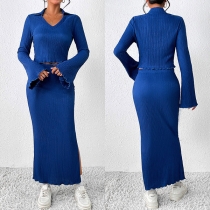 Elegant ribbad tvådelad set: V-ringad Crop Shirt och Slit Maxi Kjol
