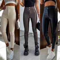 Modefärgade knapphöga skinny konstläder PU-leggings/byxor
