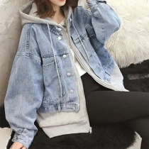 Street Style Denim Split Hem Hooded Long Sleeve Layered Jacket