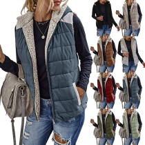 Casual Quiltad plyschfodrad ärmlös huvaväst för kvinnor