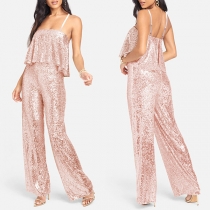 Bling-bling paljetter volanger rakt skuren jumpsuit