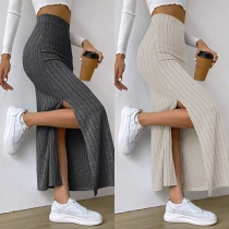 Street Fashion - Enfärgad höghus slitsad ribbad kjol (Elastisk)