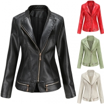 Modestativ Knäppkrage Notch Lapel Långärmad Slant Zipper PU-jacka i konstläder