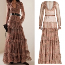Vintage Bohemia-stil Blommig Tryckt V-ringad Långärmad Volangerad Tiered Maxiklänning