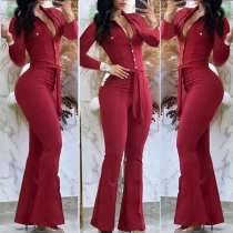 Enfärgad Knäppt V-ringad Långärmad Self-tie Jumpsuit med vida ben