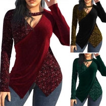 Bling-bling Mode: V-ringad Sequin Skjorta med oregelbundet nederkant och slitsar