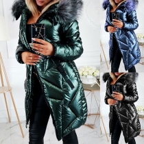 Street Fashion Kviltad konstgjord päls Skarvad Jacka med huva och lång längd.