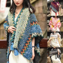Bohemia Style Stickad Scarf med Kontrastfärgad Tofs
