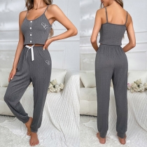 Casual Pyjamas Set med hjärttryck/ Loungewear Set inkluderar Crop Top och dragsko-byxor
