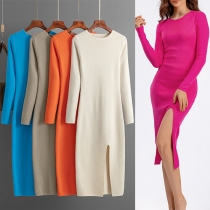 Rundhalsad Långärmad Slitad Ribbad Bodycon Klänning
