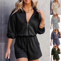 Enfärgad Romper med Halv-dragkedja, Dragsko och Armbåge Sleeve