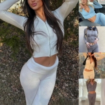Comfy Solid Color Ribbed Two-piece Set Consist of Zipper Hooded Shirt and Pants