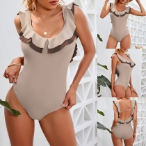 Sexig volangerad baddräkt/monokini med U-ringning, ärmlös och rygglös (i ett stycke)