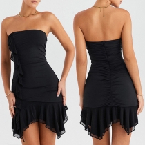 Sexig oregelbunden kantlinje med volang och axelbandslös design - Bodycon festklänning/dansklänning
