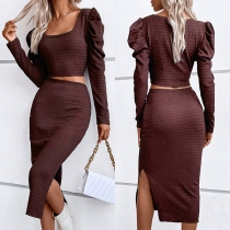 Street Fashion set med puffärm Crop Top och slitskjol