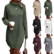 Casual Enfärgad Turtleneck Långärmad Stickad Tröja Klänning