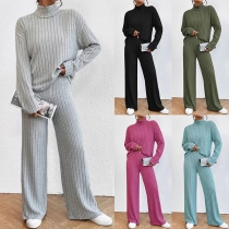 Street Fashion Ribbad tvådelad uppsättning består av mock neck shirt och raka byxor