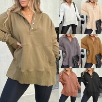 Casual Knäppad V-ringad långärmad Kangaroo Pocket Sweatshirt