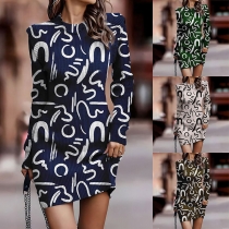 Modetryckt långärmad Bodycon-klänning med rund halsringning