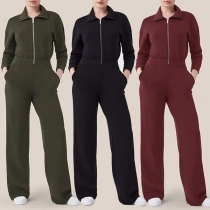Mode Enfärgad Halv-dragkedja Stativkrage Långärmad Jumpsuit