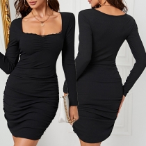 Mode spets skarvad fyrkantig hals långärmad Bodycon klänning