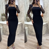 Elegant halvgenomskinlig gasväv skarvad långärmad fyrkantig hals Bodycon Maxiklänning