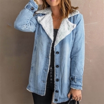 Casual Old-washed Notch Lapel Plyschfodrad Långärmad Jeansjacka