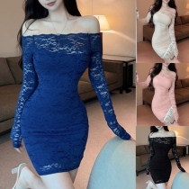 Sexig off-shoulder långärmad Bodycon-klänning i enfärgad design