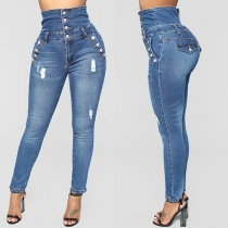 Gatumode Distressed Knapphög Midje Skinny Jeans med Vintage Tvätt