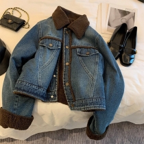 Mode gammaltvättad jeansjacka med plyschfoder och ståkrage, långärmad