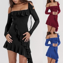 Sexig Bodycon-klänning med volang, off-shoulder stil och oregelbunden fåll