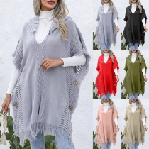 Street Fashion - V-ringad Knäppt Tofs Hooded Stickad Tröja Kappa.